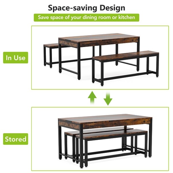 3 Piece Industrial Dining Table Set with Bench and Sided Drawer for Kitchen