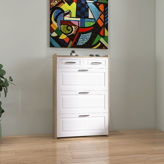 White +Oak Color shoe cabinet with 3 doors 2 drawe...