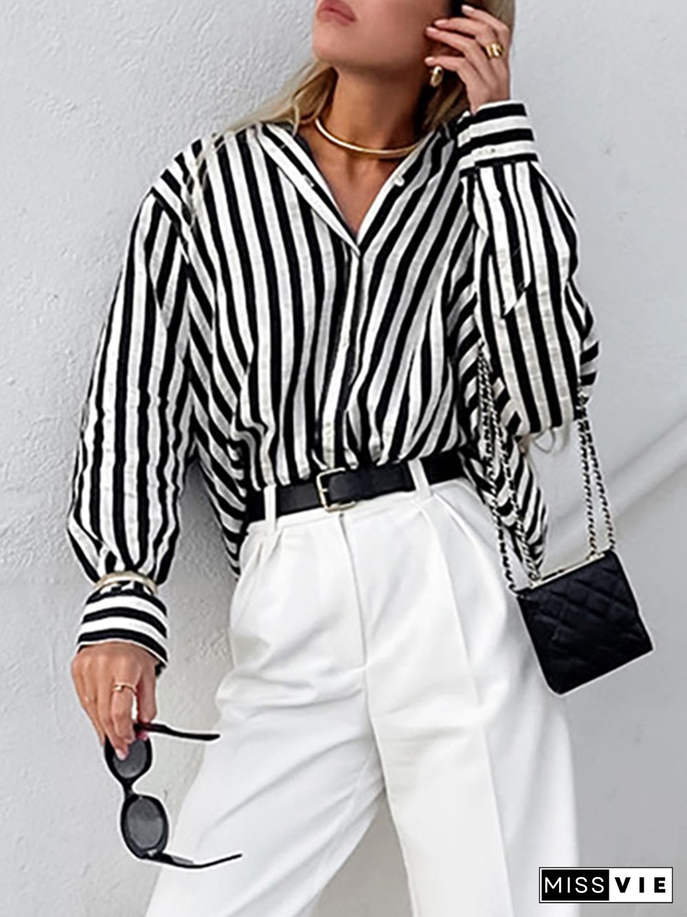 Long Sleeves Loose Split-Joint Striped Lapel Blouses