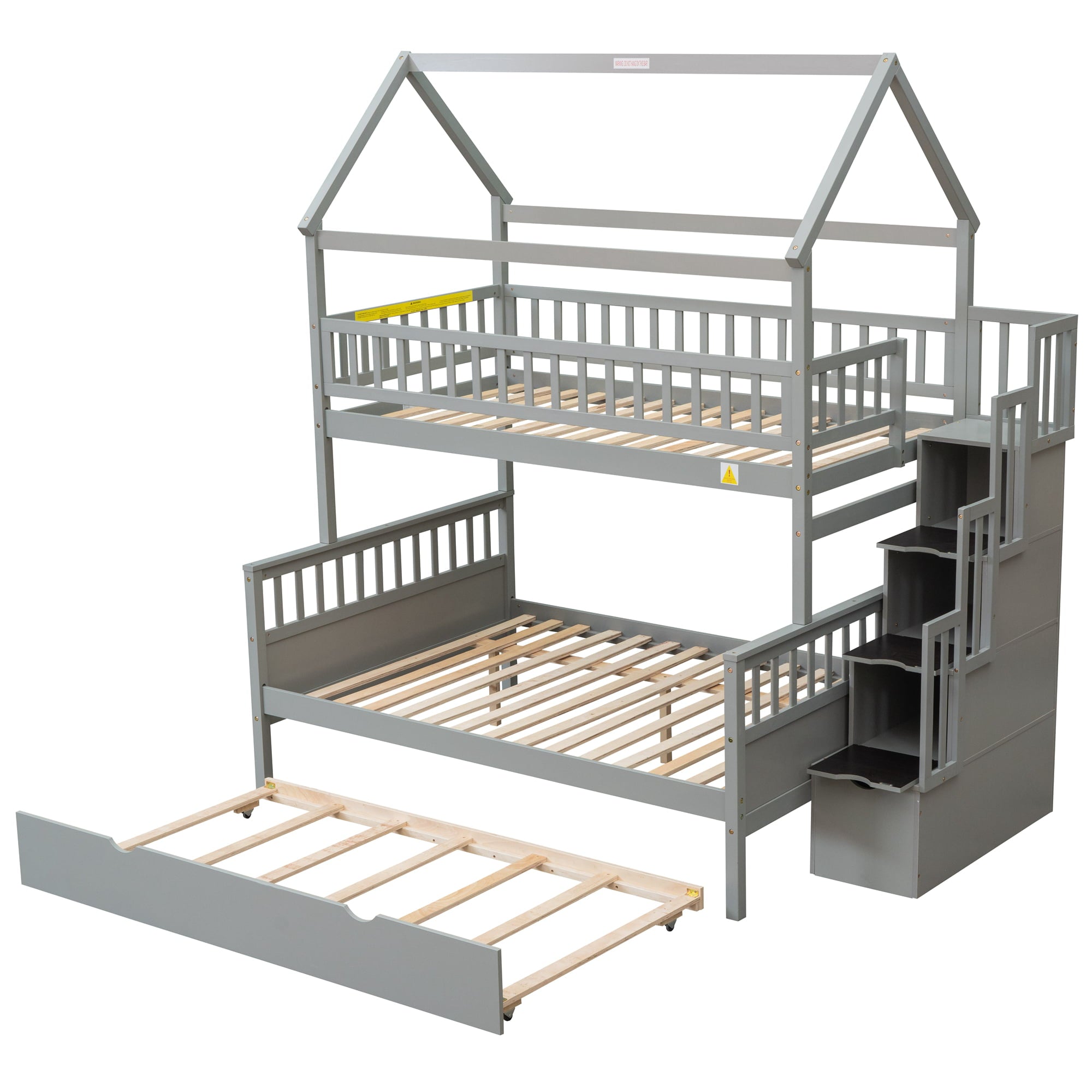 EUROCO Twin over Full House Bunk Bed with Trundle for Kids, Gray