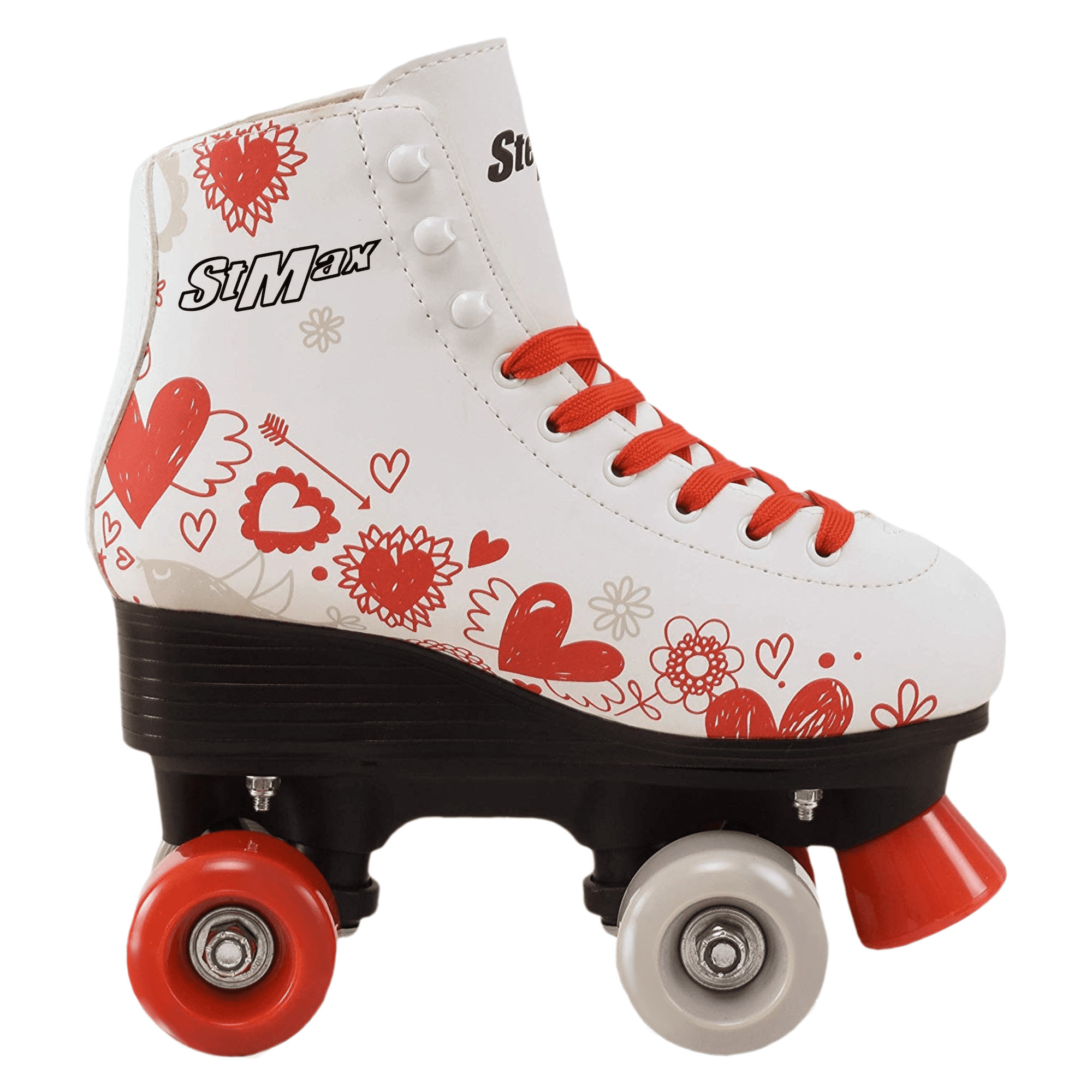 Quad Roller Skates for Girls and Women size 7.5 Adult White and Red Heart Outdoor Indoor and Rink Skating Classic Hightop Fashionable Design