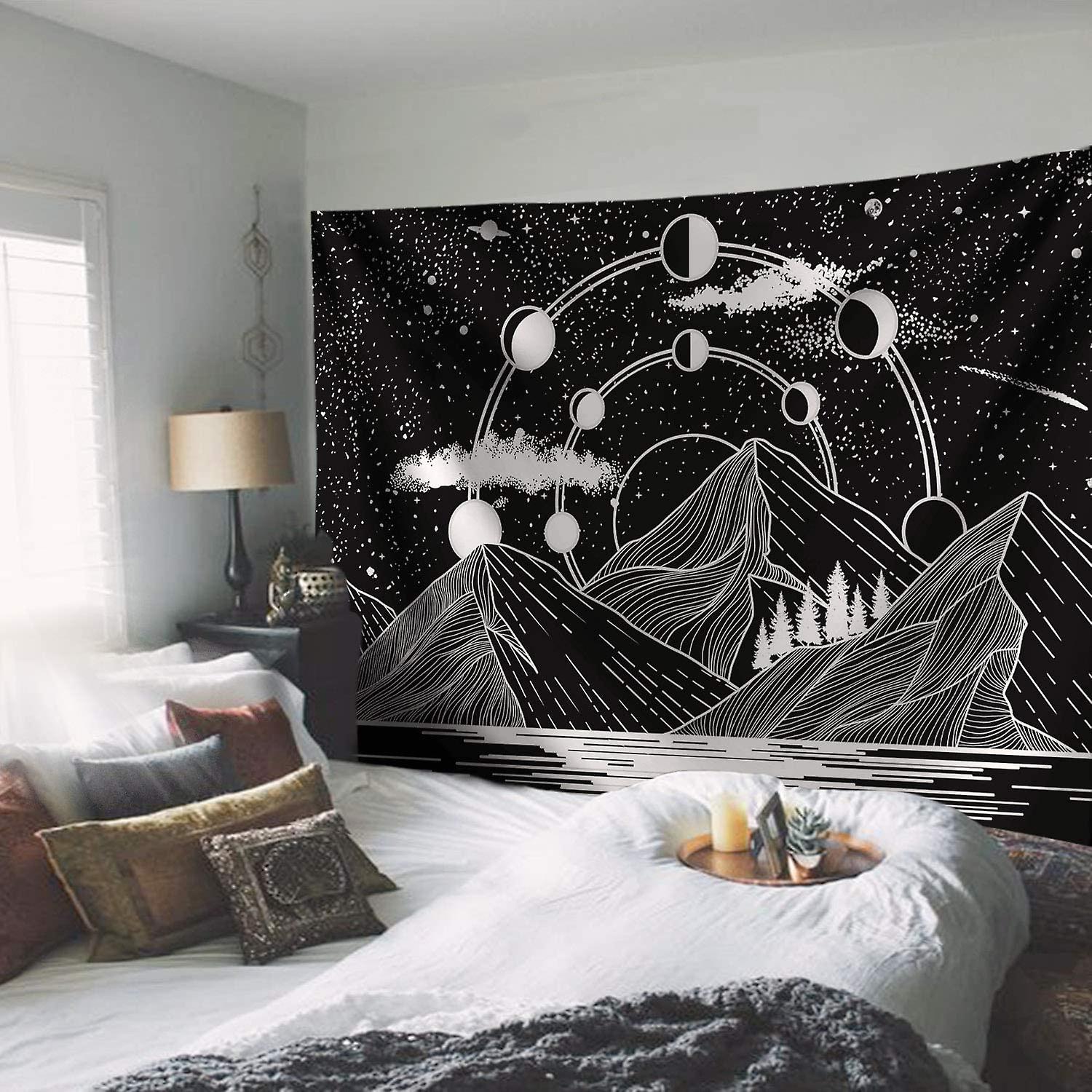 Mountain Moon Tapestry Stars River Black And White Art Tapestry Wall Hanging Home Decor (60