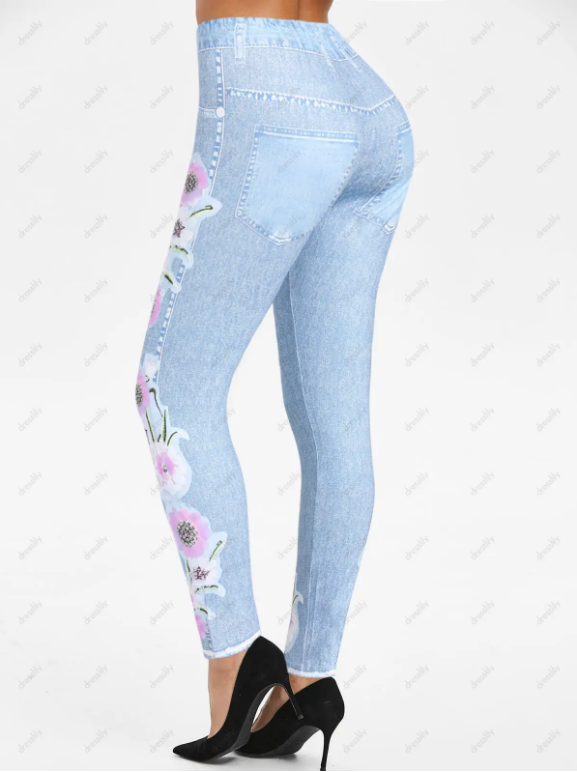 Ombre Denim 3D Print Long Sleeve Top And Flower Skinny Jeggings Outfit