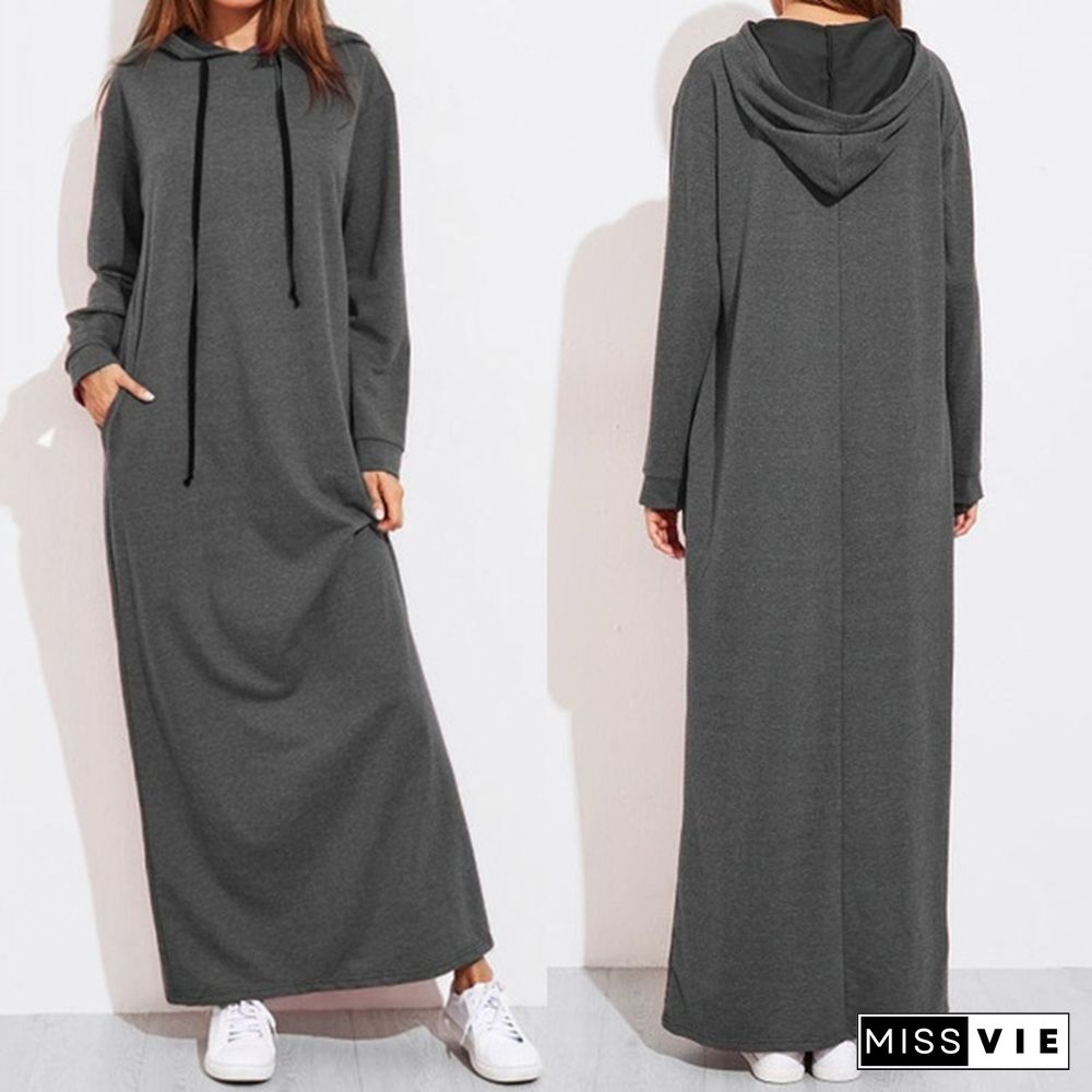 S-5Xl Women Long Hoodie Dress Maxi Long Sleeve Tunic Casual Loose Sweatshirt Dress Party Kaftan Plus Size