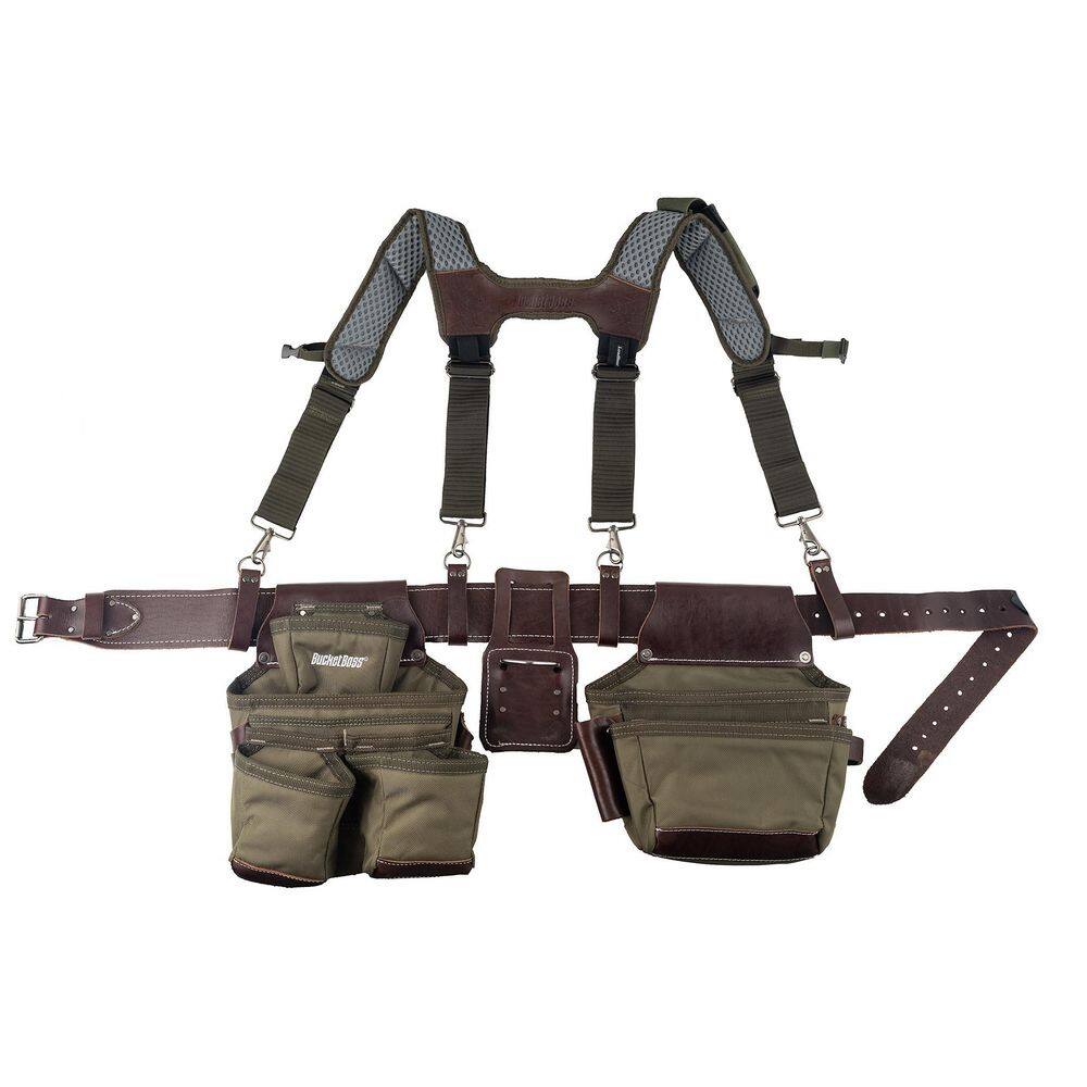 BUCKET BOSS 2-Bag Hybrid Suspension Rig Work Tool Belt with Suspenders in Green 55505-GR