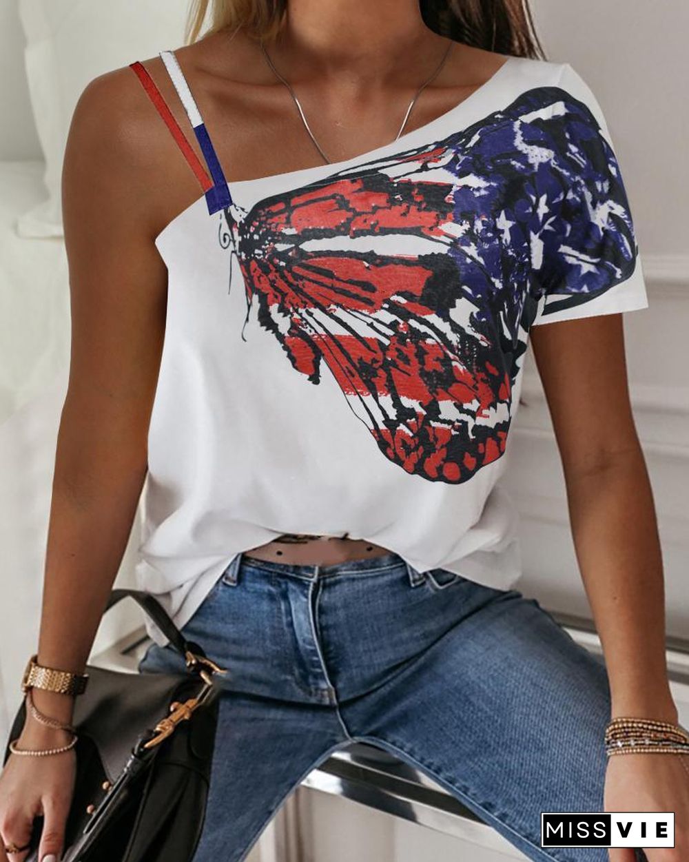 One Shoulder Butterfly Print Casual T-shirt P13715