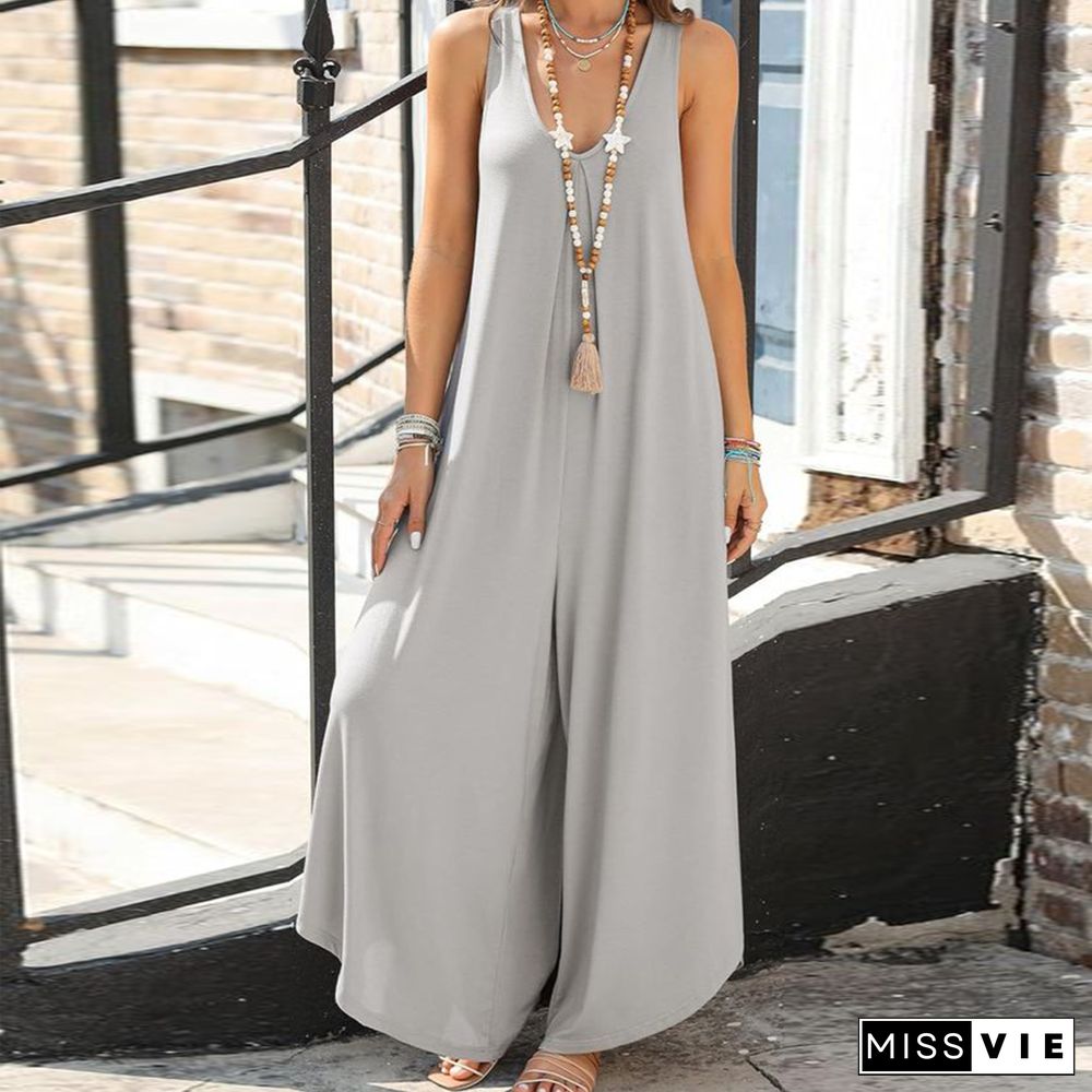 Baggy Grey Plain Sleeveless Jumpsuit