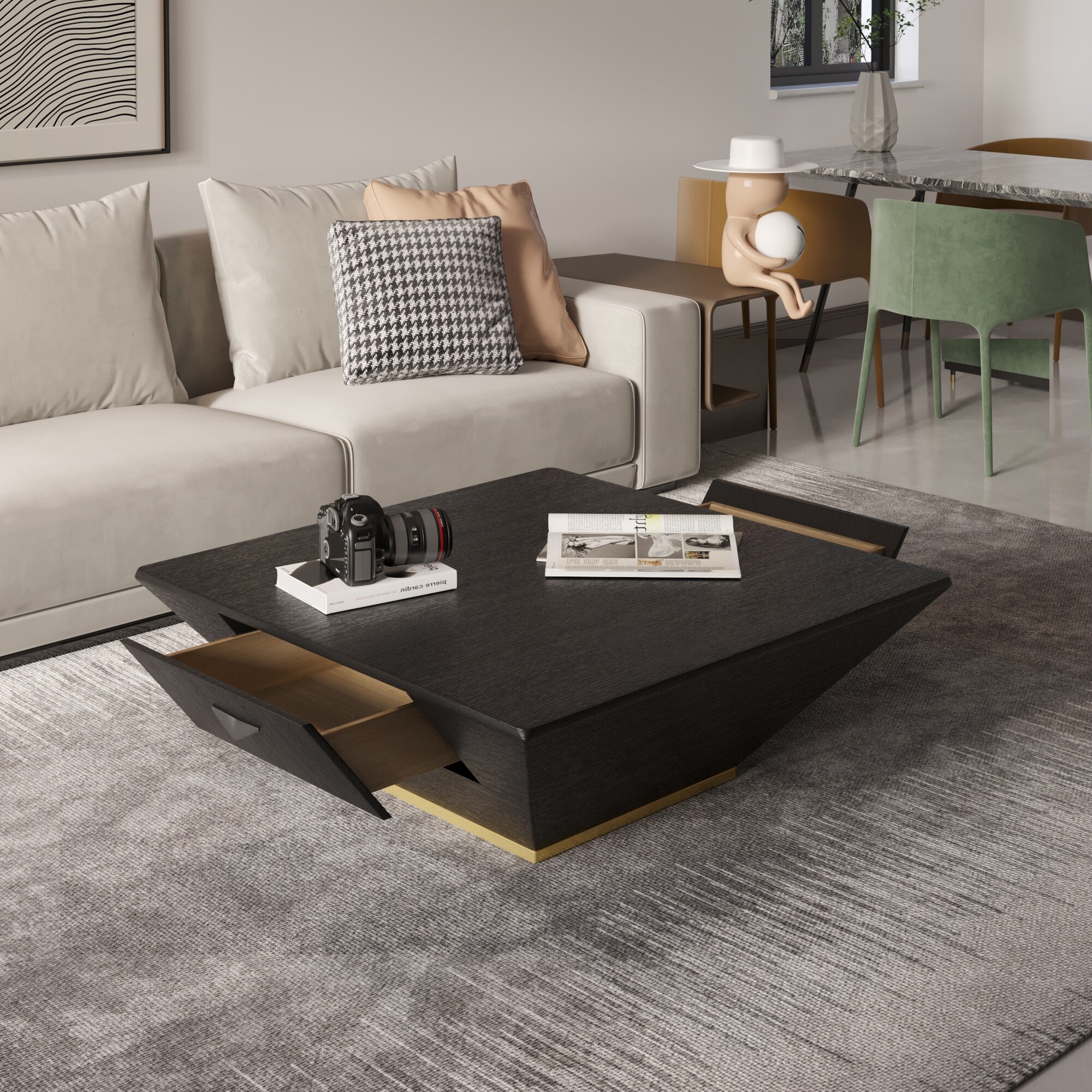 Modern MDF Wood Square Coffee Table with 2 Storage Drawers