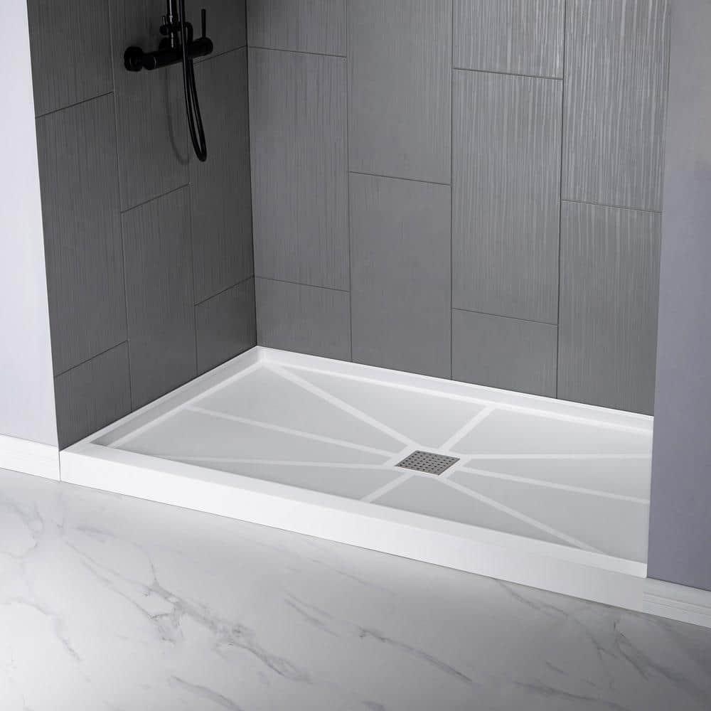 WOODBRIDGE 48 in x 32 in Solid Surface Single Threshold Center Drain Shower Pan with Stainless Steel Linear Cover in White