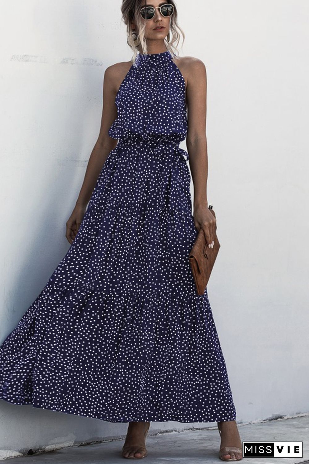 Halter Polka Dot Print Tie Waist Maxi Dress Wholesale