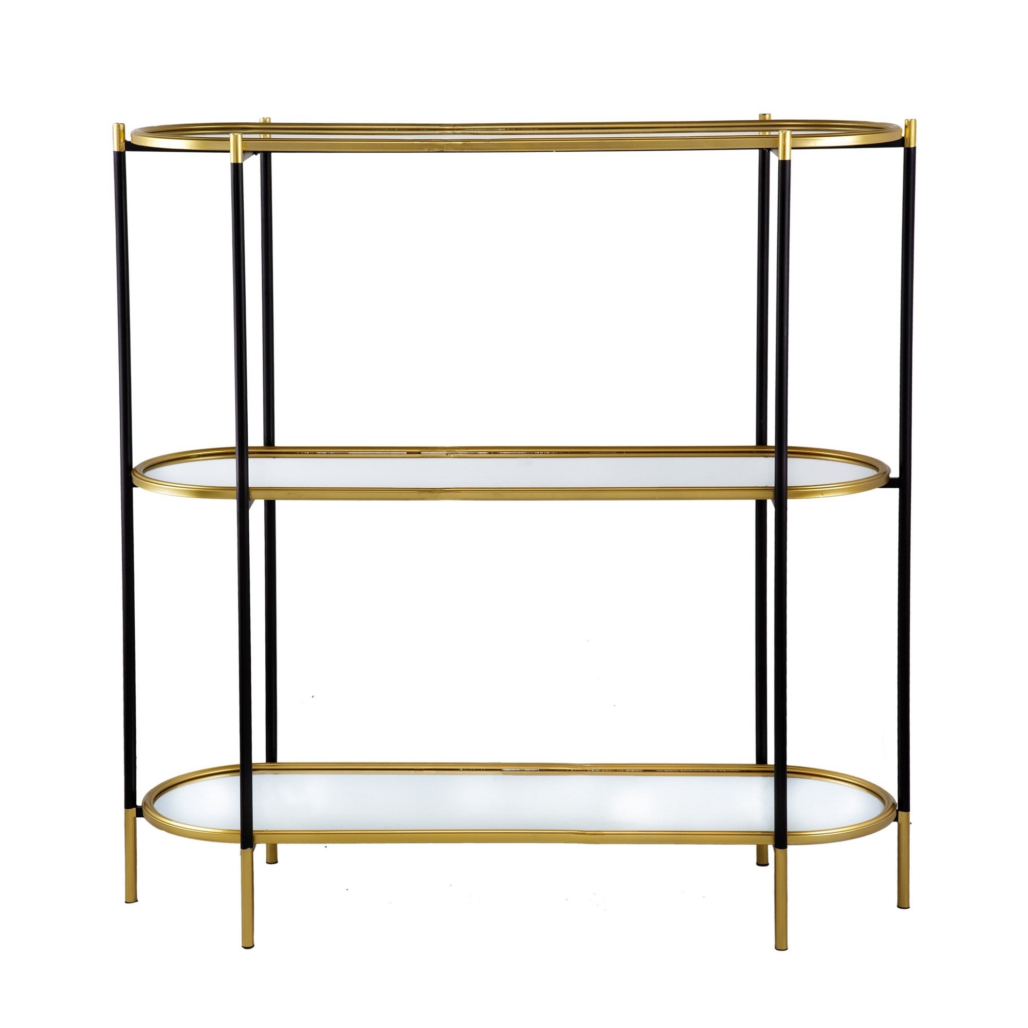 50 Inch Console Table， 3 Tier， Oblong Shaped Mirrored Top， Gold Iron Frame