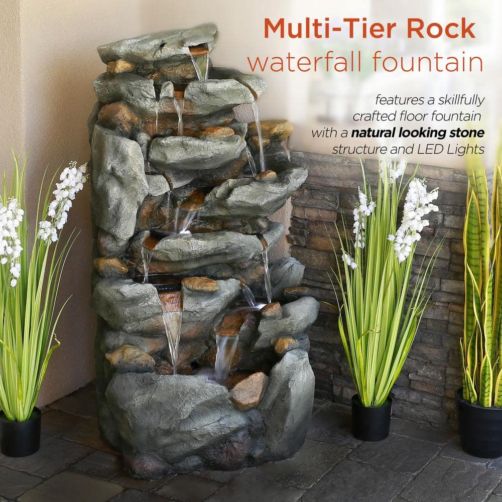 Alpine Corporation 50 in. Tall Outdoor 8-Tier Rock Waterfall Fountain with LED Lights, Grey TZL130