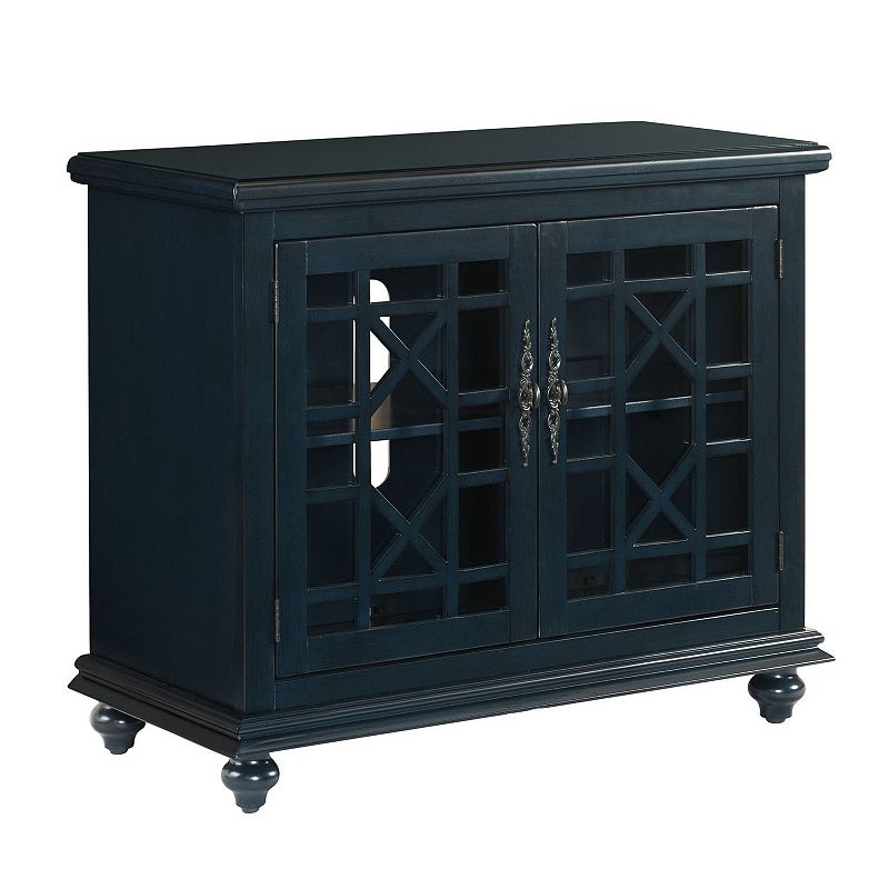 Transitional Wood and Glass TV Stand with Trellis Cabinet Front， Dark Blue