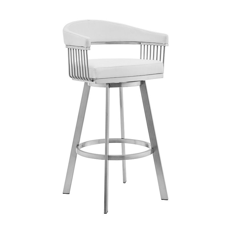 Swivel Barstool with Open Design Metal Frame and Slatted Arms， White and Silver