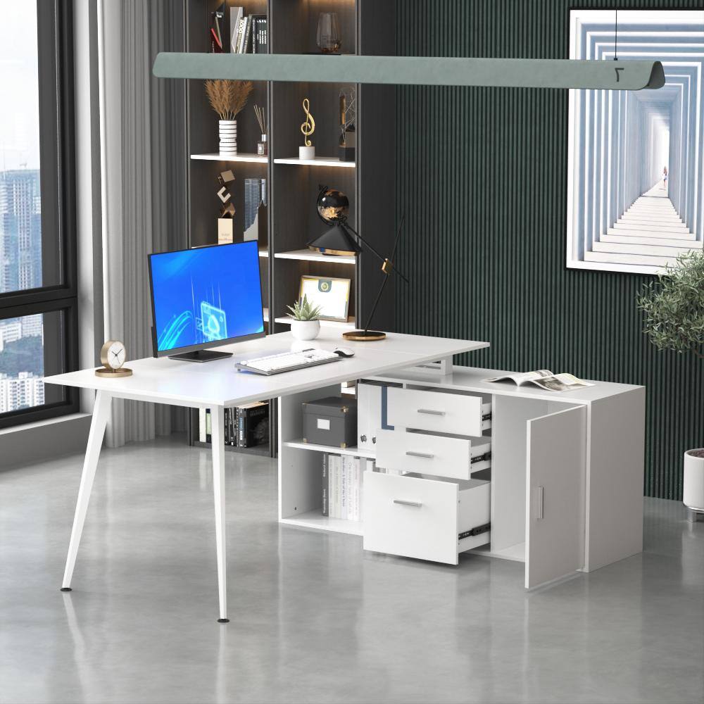 FUFUGAGA 63 in. W-28.7 in. H White Computer Desk with 3-Drawers 1-Storage Cabinet and 2-Adjustable Shelves DRF-KF210153-12