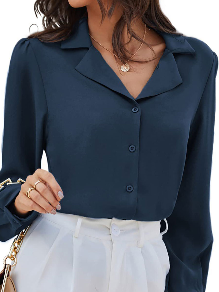 Casual Loose Solid Color Lapel Long Sleeve Blouse