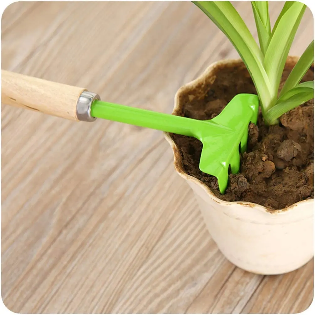 3 Piece Set Mini kids Garden Tool Spatula Rake Seedling Machine for Outdoor Potted Flowers Iron Wood