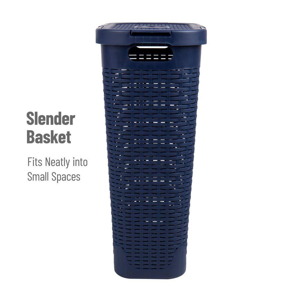 Mind Reader Basket Collection Slim Laundry Hamper 40 Liter (15kg33lbs) Capacity Attached Hinged Lid Navy 40HAMP-NVY