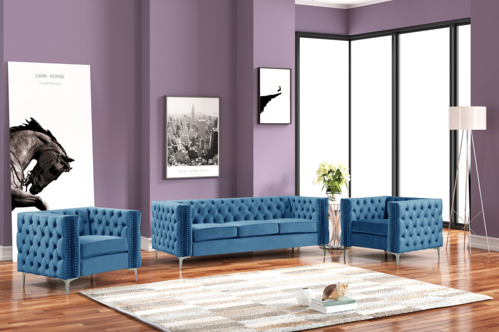 Rebekah 3 Piece Velvet Living Room Set  Gery   Midcentury   Living Room Furniture Sets   by US Furnishings Express  Houzz