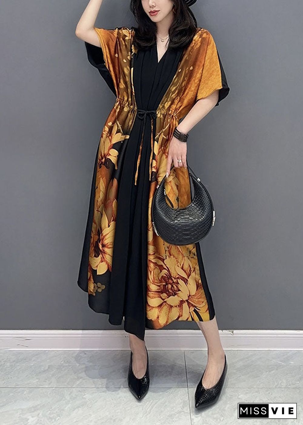 Elegant Yellow V Neck Print Wrinkled Drawstring Patchwork Silk Dress Summer