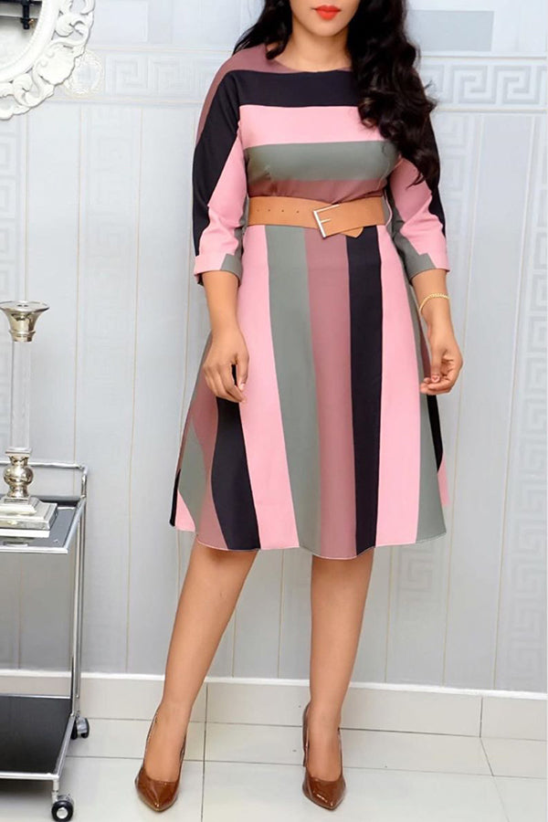 Commuter Round Neck Striped 3/4 Length Sleeve Belt Midi Dress