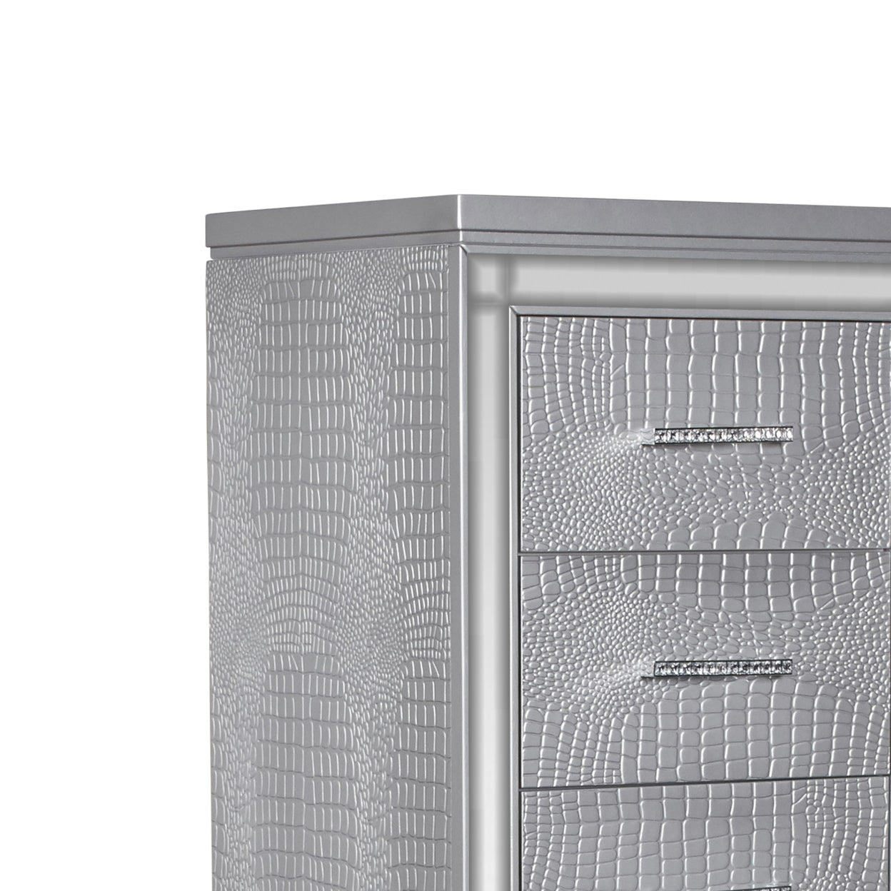 Modern Style Wooden Chest with Mock Croc Panels, Silver- Saltoro Sherpi