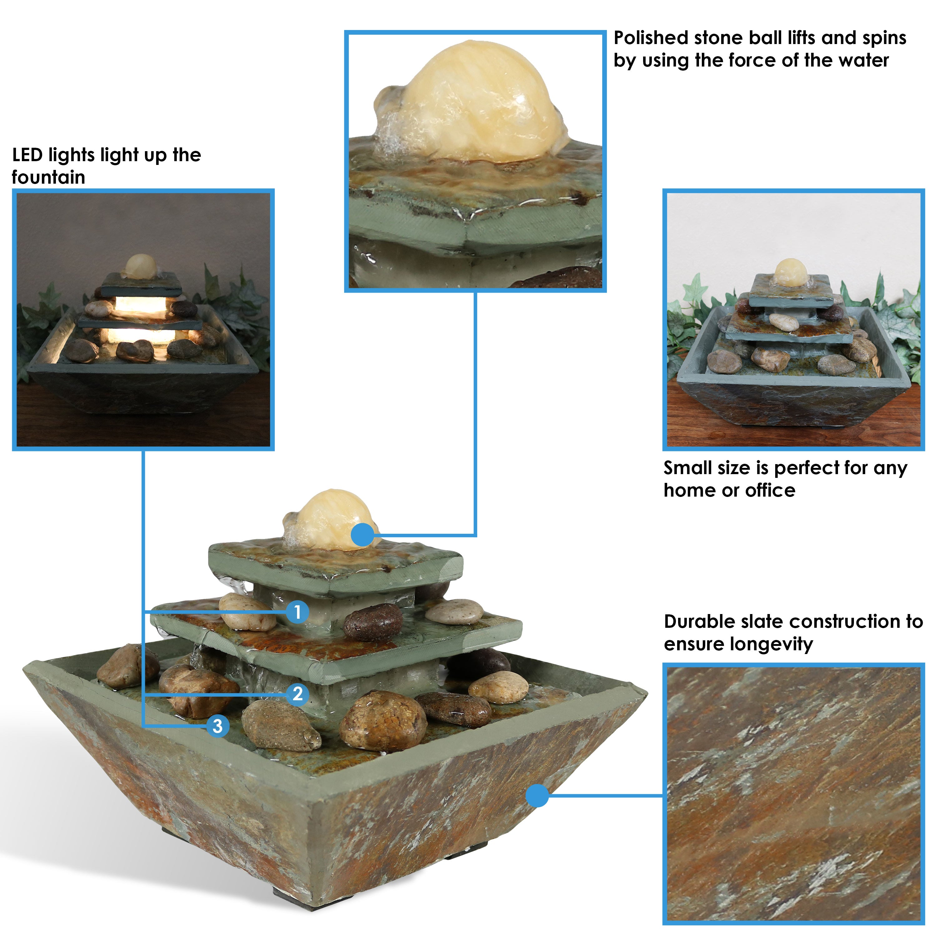 Sunnydaze Indoor Home Office Slate and Polished Stone Ball Tiered Tabletop Water Fountain with LED Light - 8