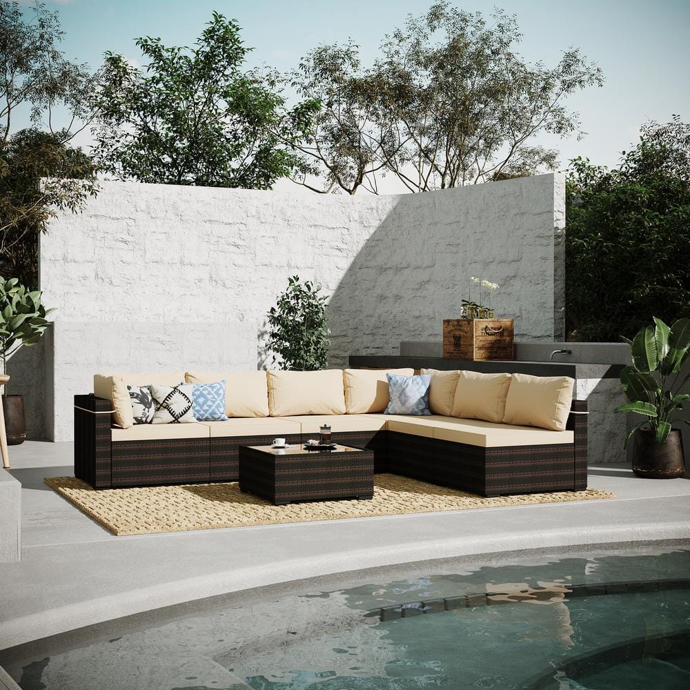 UPHA 7-Piece Wicker Patio Conversation Sectional Seating Set with Beige Cushions HD-PFS-ABC