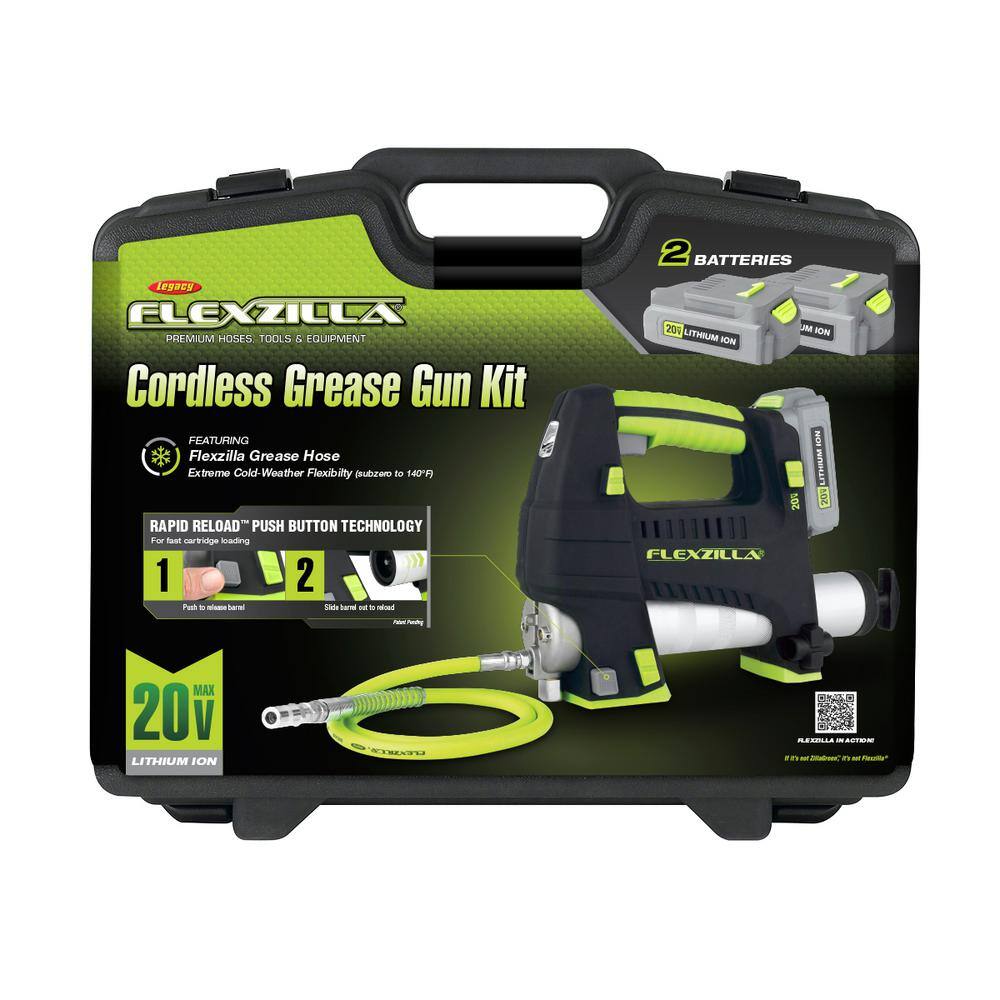 Flexzilla 20-Volt Cordless Grease Gun Kit with 42 in. Flexible Grease Hose Rapid Reload Push Button Technology L1388LFZ