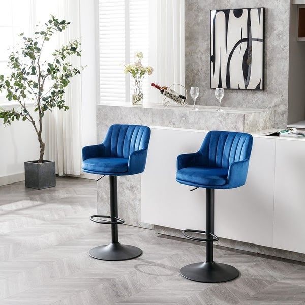 Velvet Adjustable Bar Stools with BackandFootrest， Set of 2