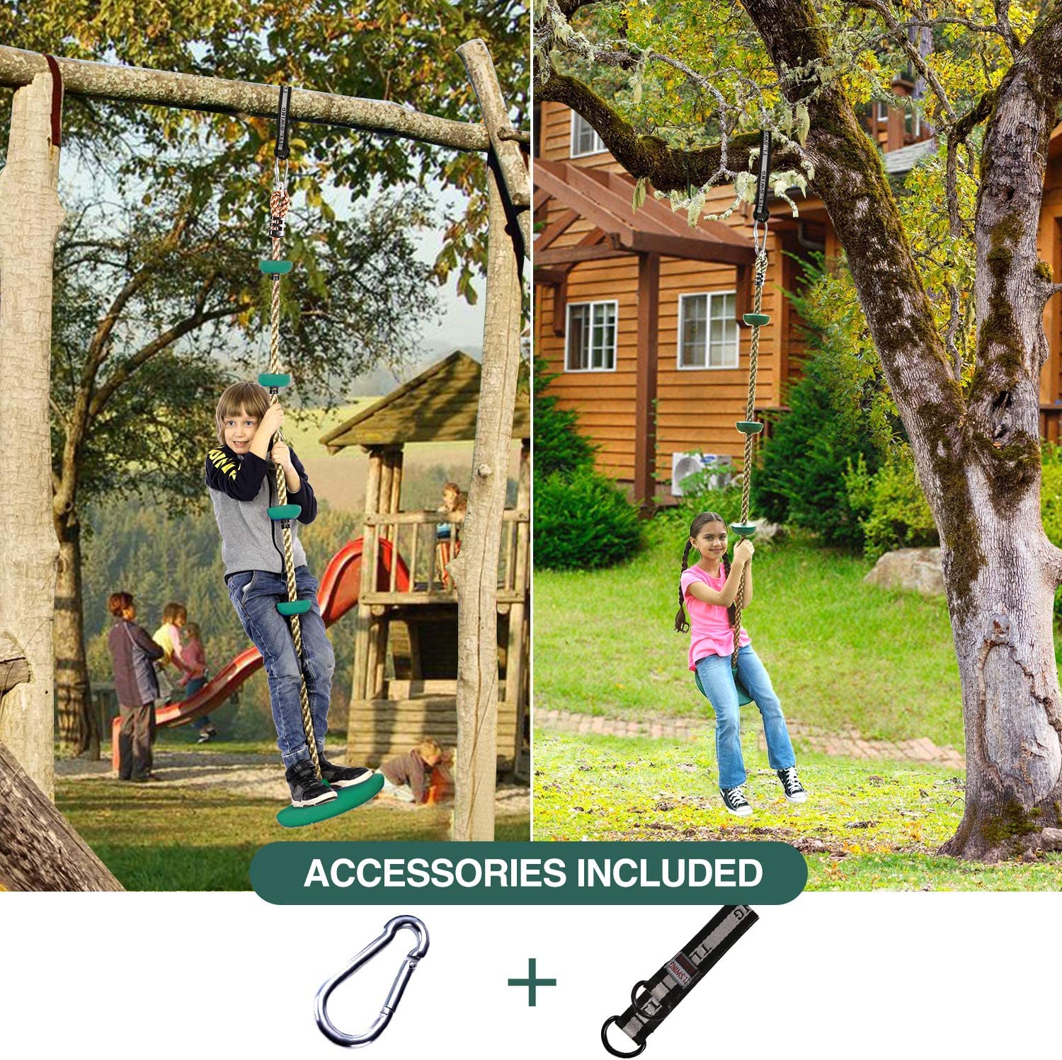 RedSwing Tree Climbing Rope with Platform and Disc Swing Seat， Children Tree Disc Swing Safety for Outside Inside， Bonus Hanging Strap and Carabiner