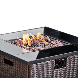 Teamson Home 30 in. Rattan Base Tempered Glass Top Propane Firepit with Lava Rock Metal Lid and Regulator HF30200AA