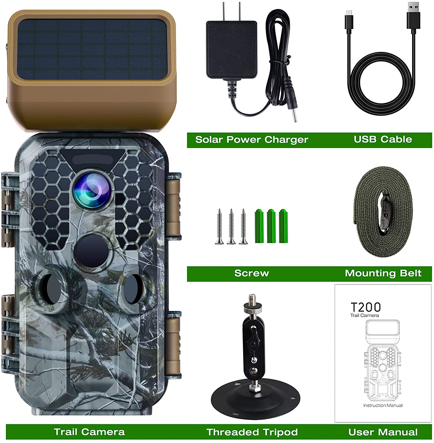 T200 4K 30MP Solar panel Trail Camera with WiFi Bluetooth