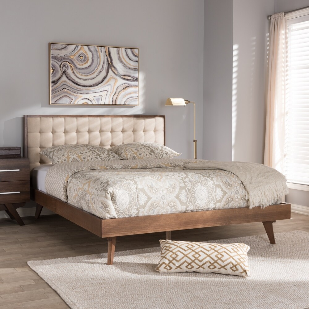 Mid Century Beige Fabric Platform Bed by Baxton Studio