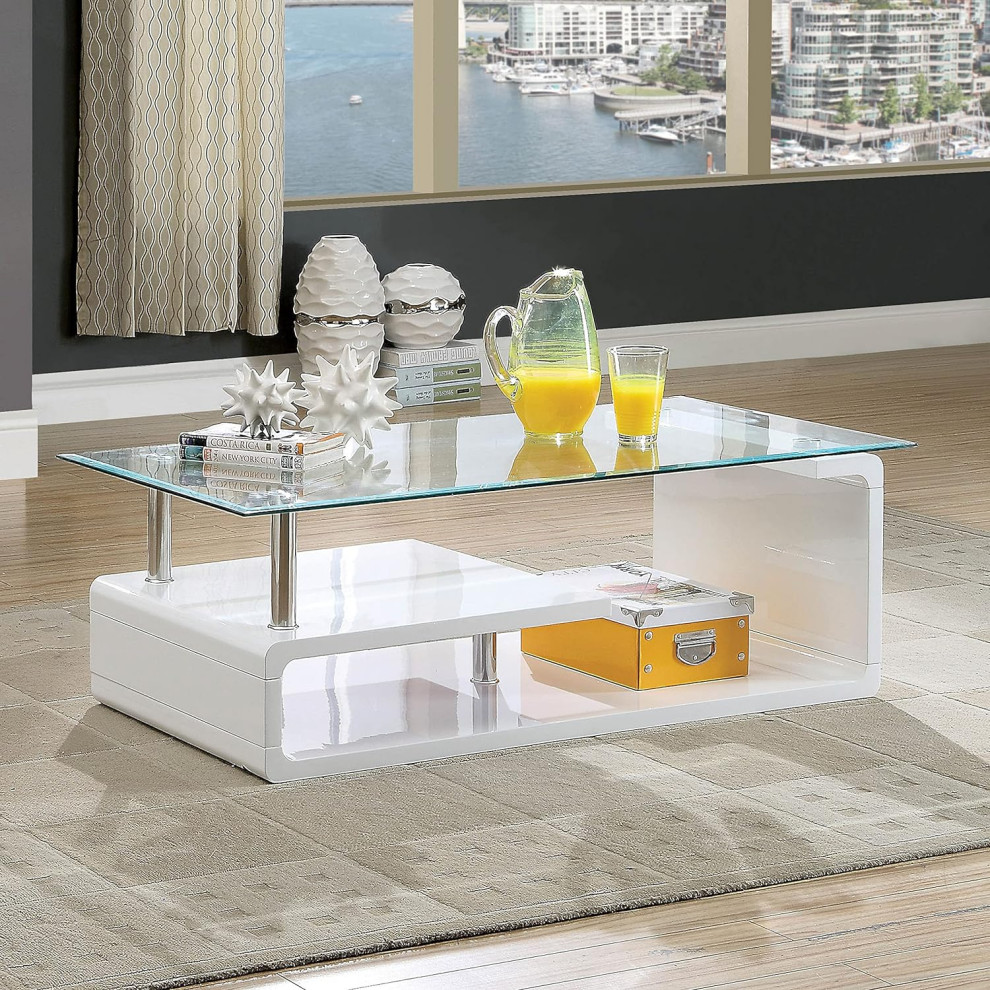 Contemporary Coffee Table  Elegant Curved Design With Chrome Poles  ampGlass Top   Contemporary   Coffee Tables   by Decor Love  Houzz