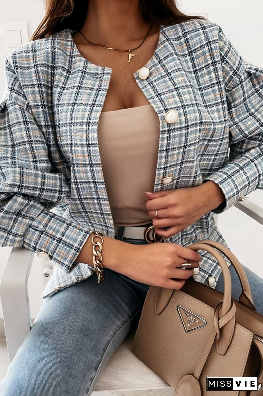 Long Sleeve Plaid Print Short Jacket