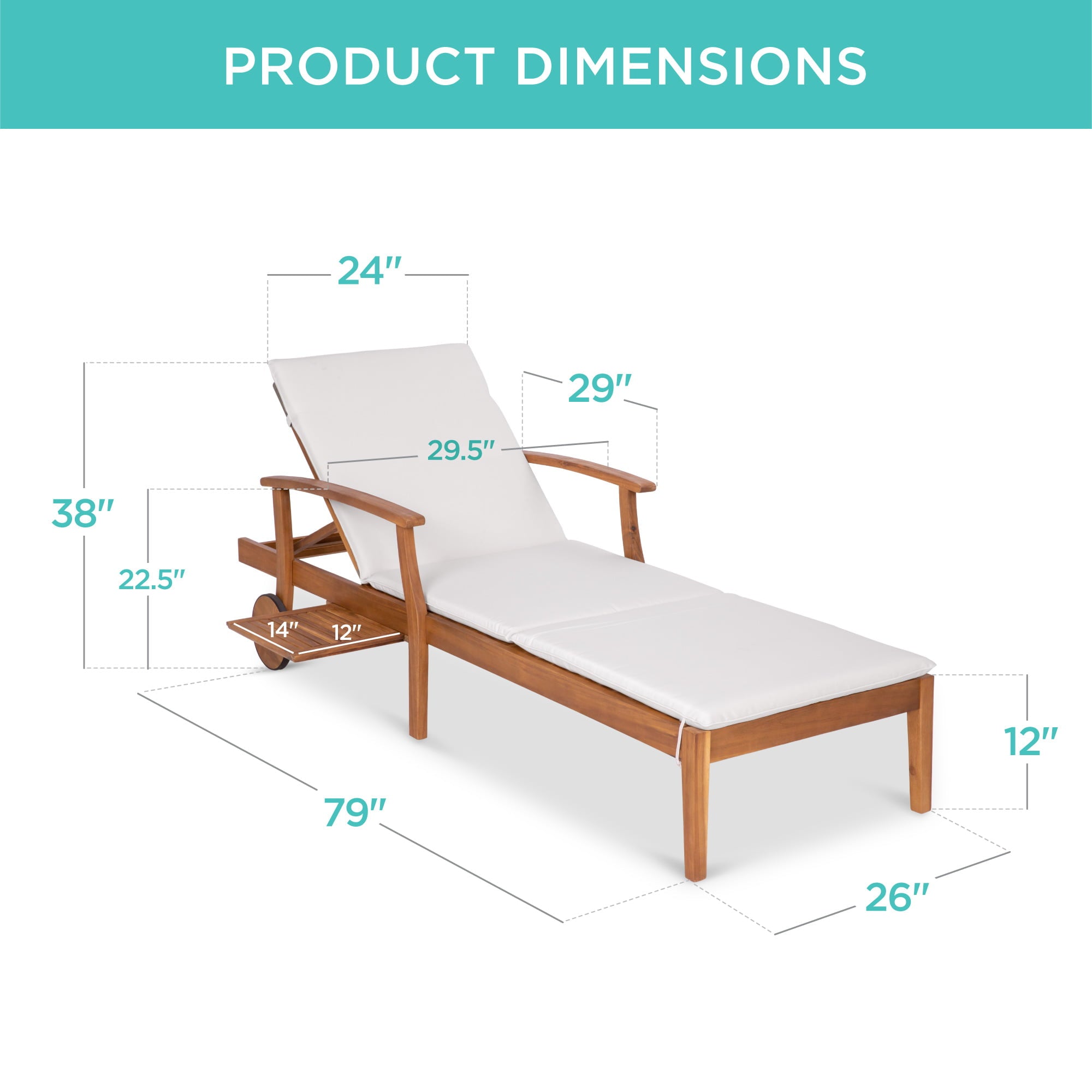 Best Choice Products 79x26in Acacia Wood Outdoor Chaise Lounge Chair w/ Adjustable Backrest, Table, Wheels - Cream