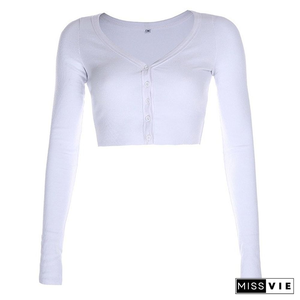 Women Spring Fashion Sexy Slim Knitted V-neck Crop Tops Cardigan Ladies Long Sleeve T-shirt Sweater