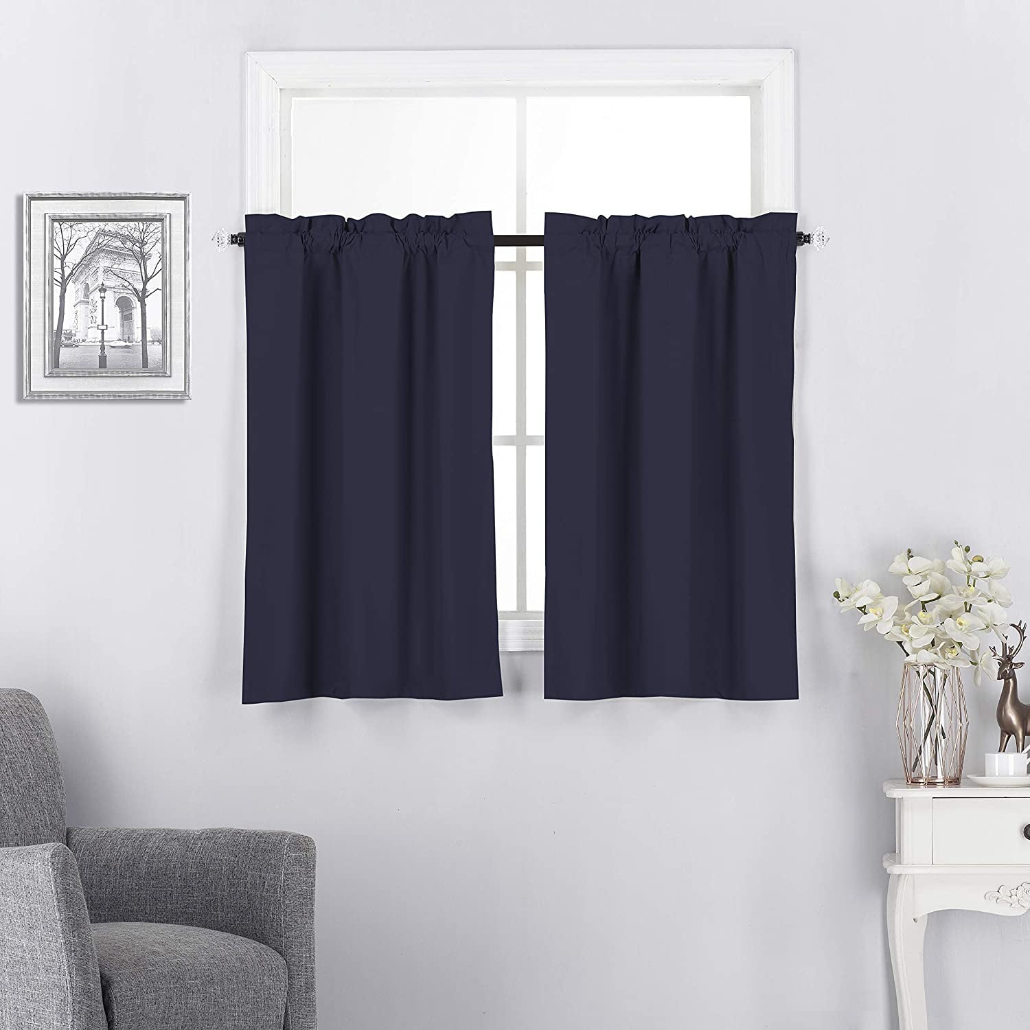 Blackout Curtain Tiers for Kitchen - Window Treatment Home Décor Small Panels for Half Windows， 27W x 36 inch Long， 2 Pieces-Navy Blue