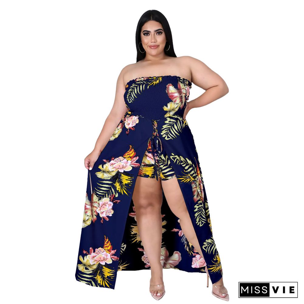 Summer Plus Size Women Clothing Floral Print Elastic Waist Beach Casual One Piece Split Jumpsuit