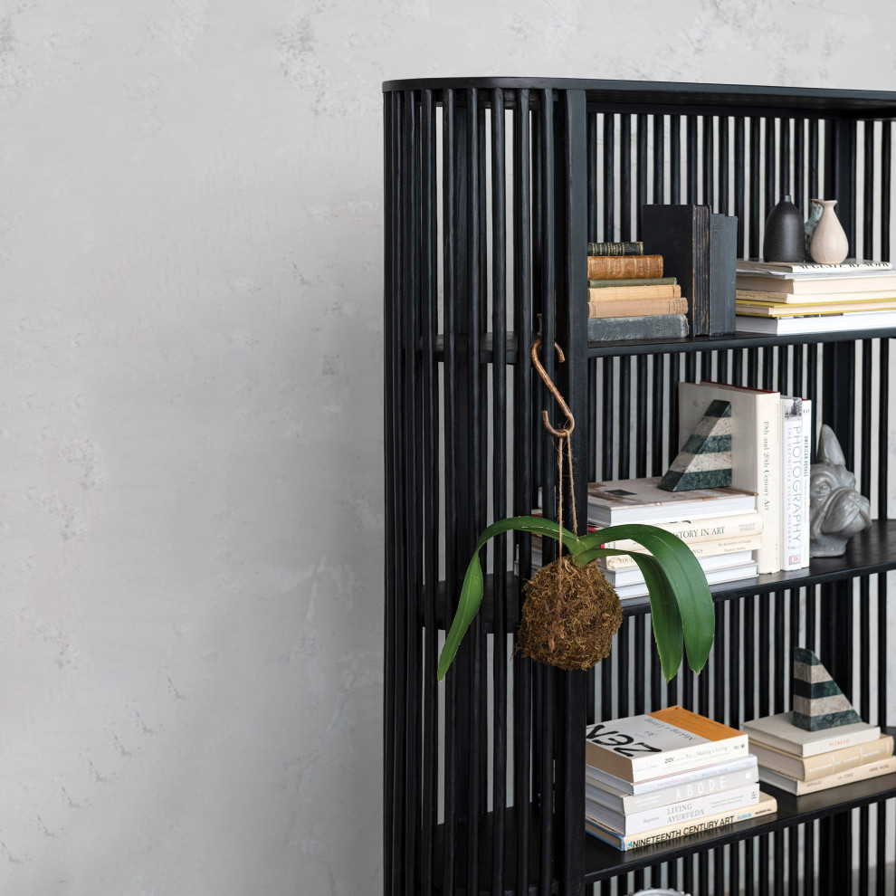 Modern Slatted Wood Console Table With 2 Shelves and Curved Edge  Black   Transitional   Bookcases   by Creative Co op  Houzz