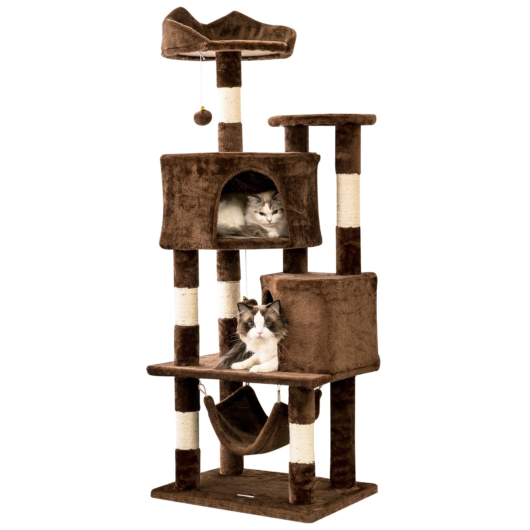 Quuzee 51.6-in Cat Tree Tower with Double Condo,Scratching Post Hammock, Brown