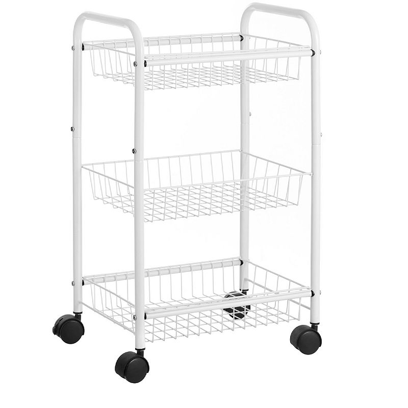 3-tier Metal Rolling Cart on Wheels with Baskets， Lockable Utility Trolley with Handles