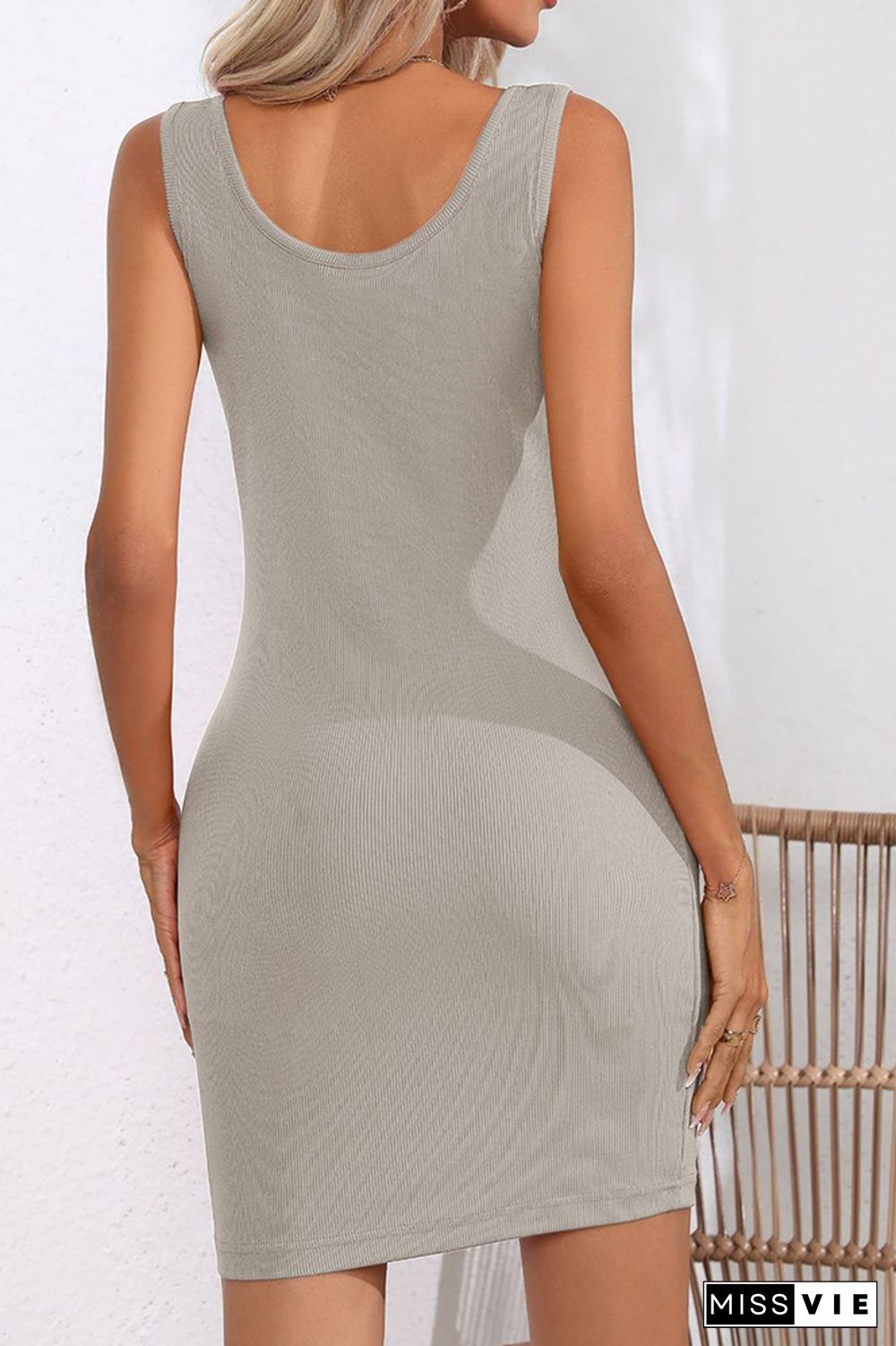 Plain Rib Knit U Neck Bodycon Sleevesless Dress