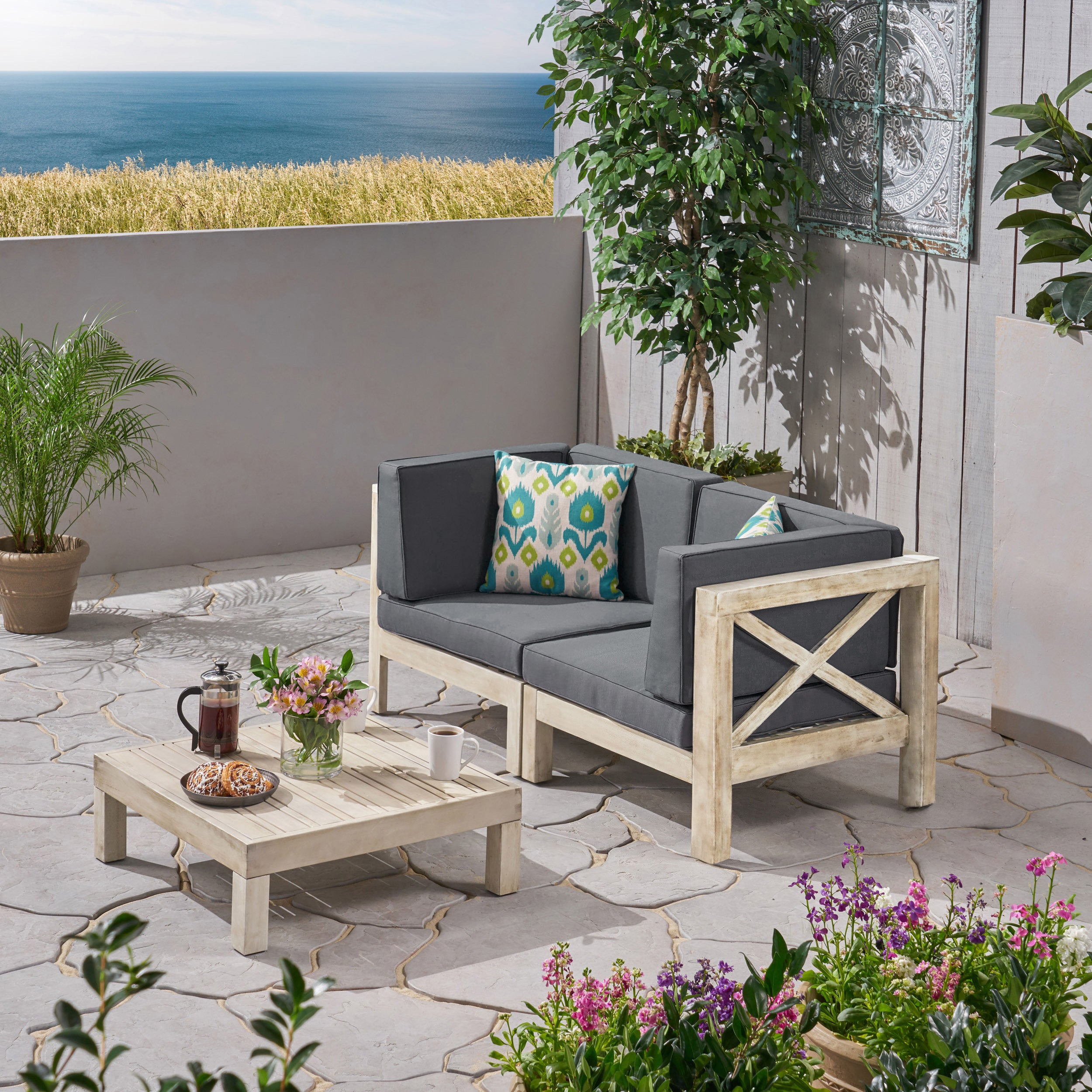 Brava Outdoor Modular Acacia Wood Sofa with Cushions and Coffee Table Set