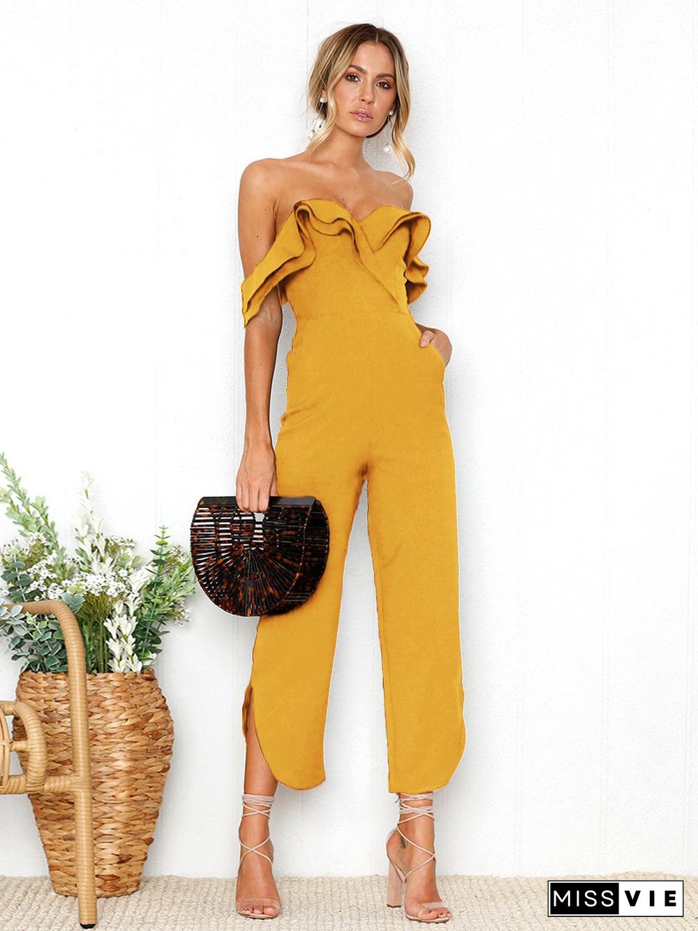 Black Sleeveless Plain Casual Off Shoulder Zip Back Jumpsuit