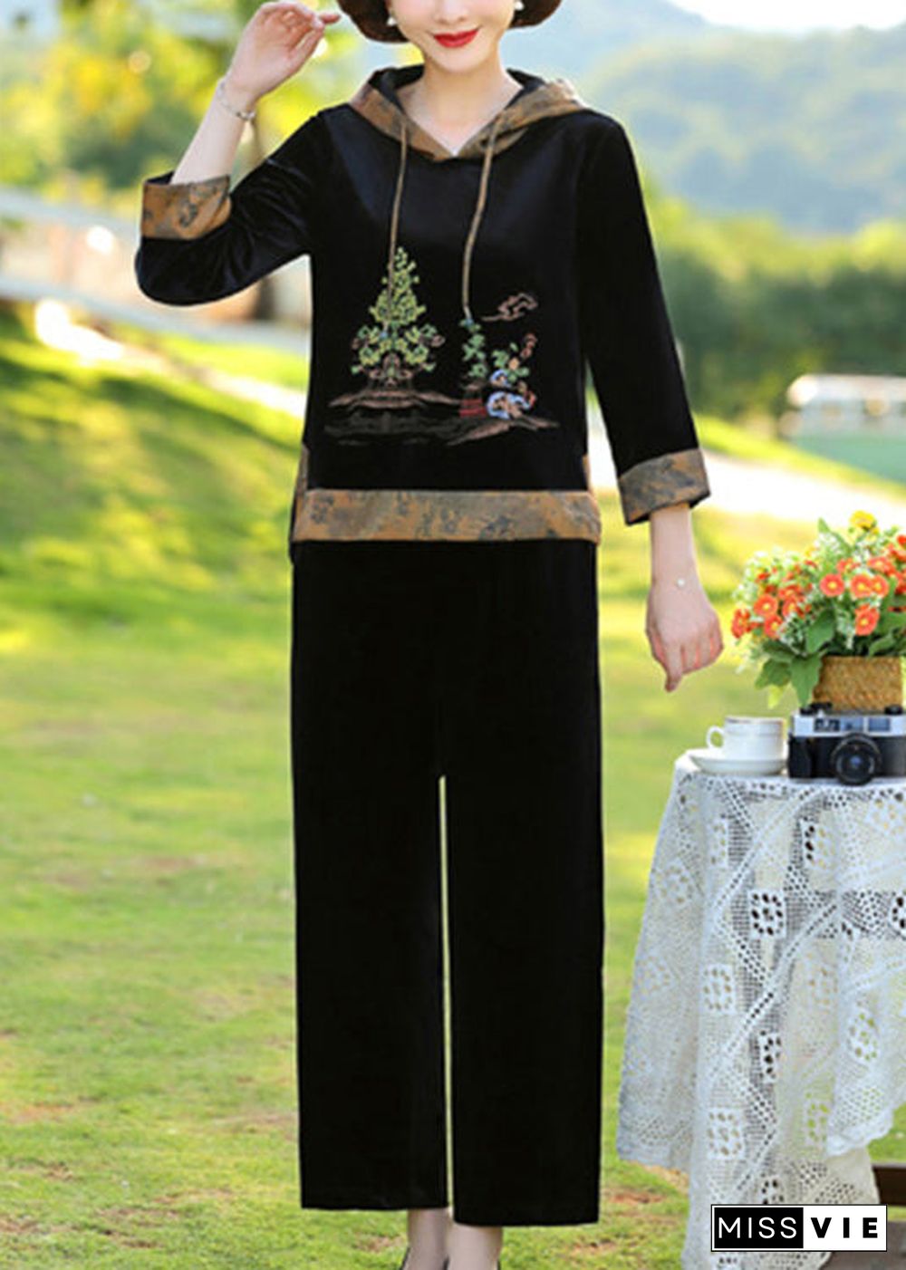 Elegant Black Print Patchwork Hooded Silk Velour Top And Wide Leg Pants Two Pieces Set Fall