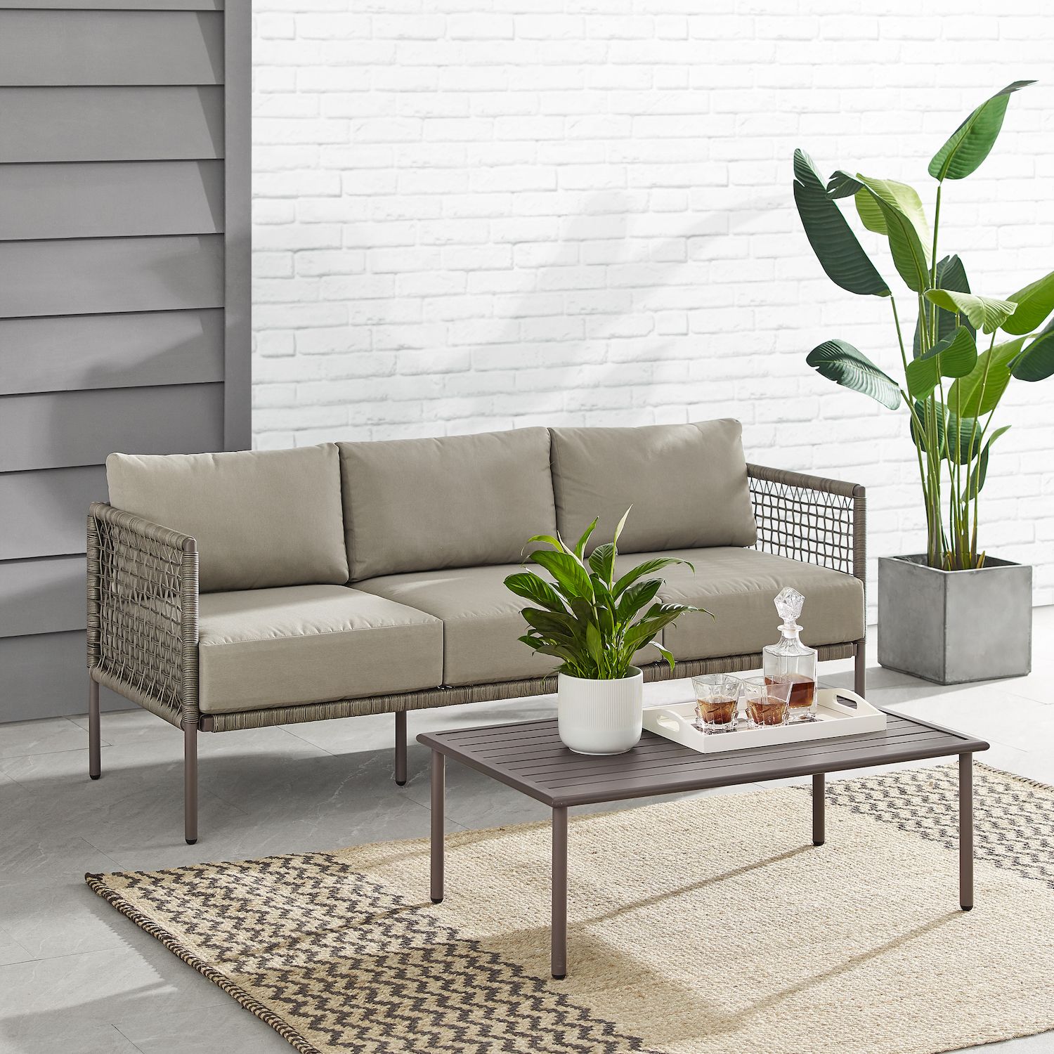 Crosley Cali Bay Wicker Patio Couch and Coffee Table 2-piece Set