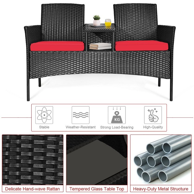 Costway Patio Rattan Conversation Set Seat Sofa Cushioned Loveseat Glass Table Chair Red turquoise