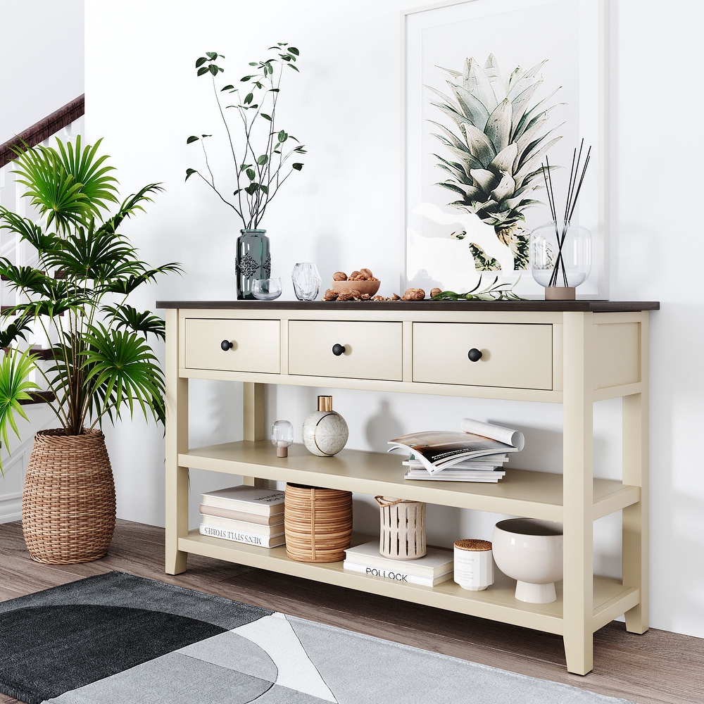 Retro Solid Pine Wood Console Table with 3 Drawers  2 Open Storage Shelves and Round Knobs for Living Room